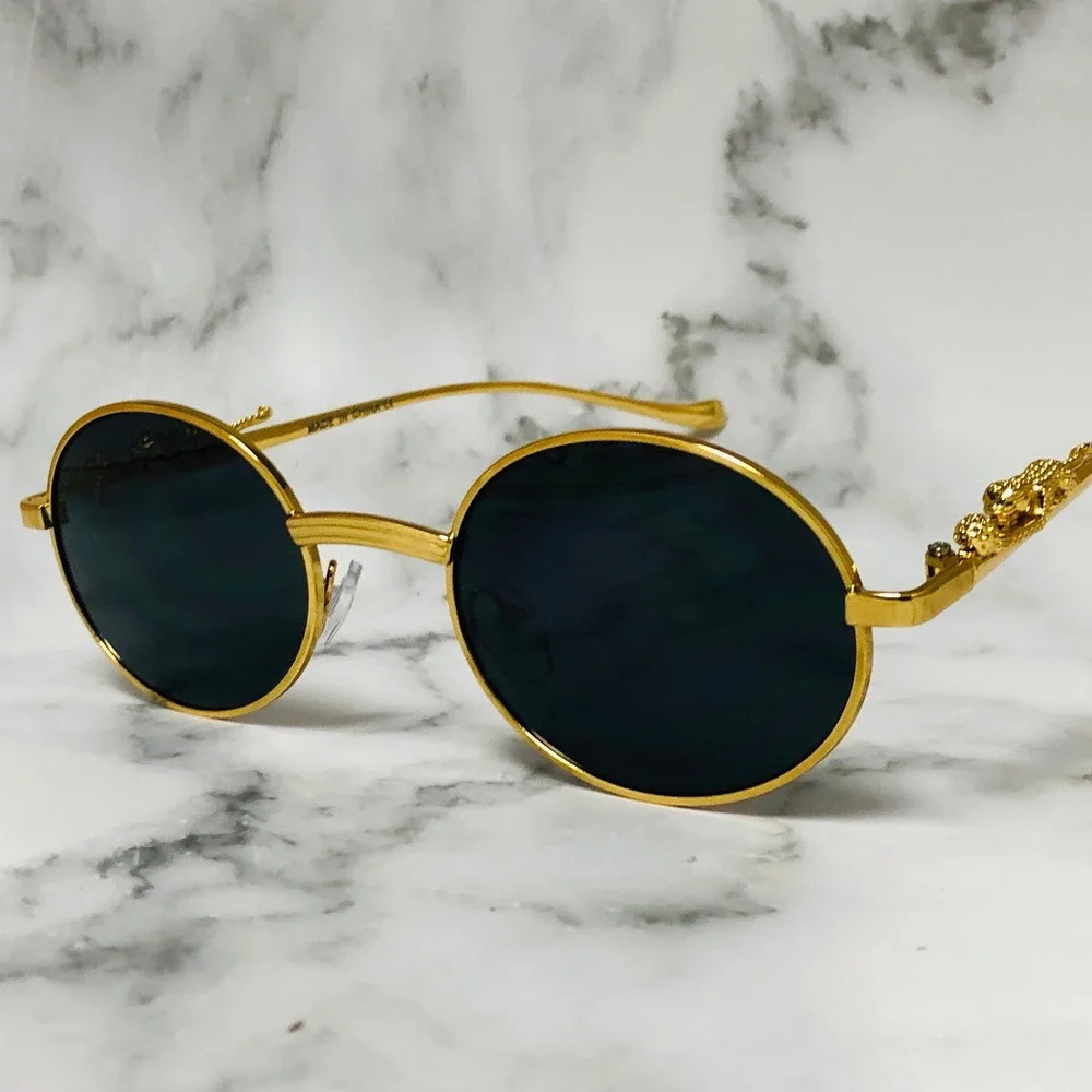 Round Sunglasses Dark Black Lens Gold Metal Frame‎ Men's Fashion Shades Lentes